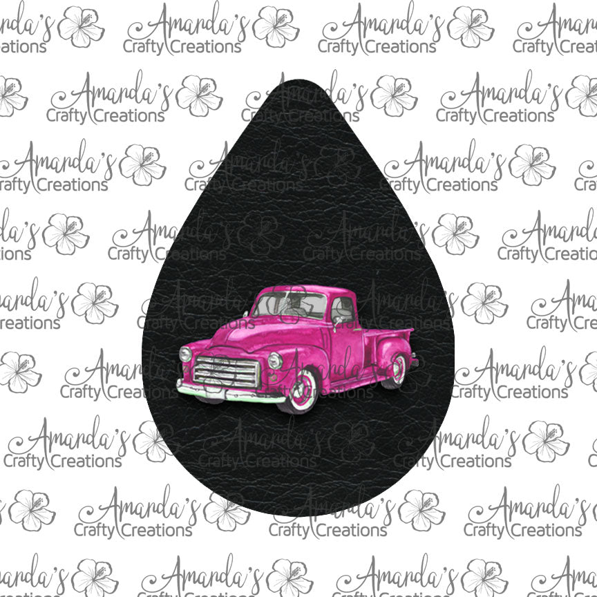 Vintage Pink Truck Smooth Black Teardrop Earring Sublimation Design, Hand drawn Teardrop Sublimation earring design, digital download, JPG, PNG