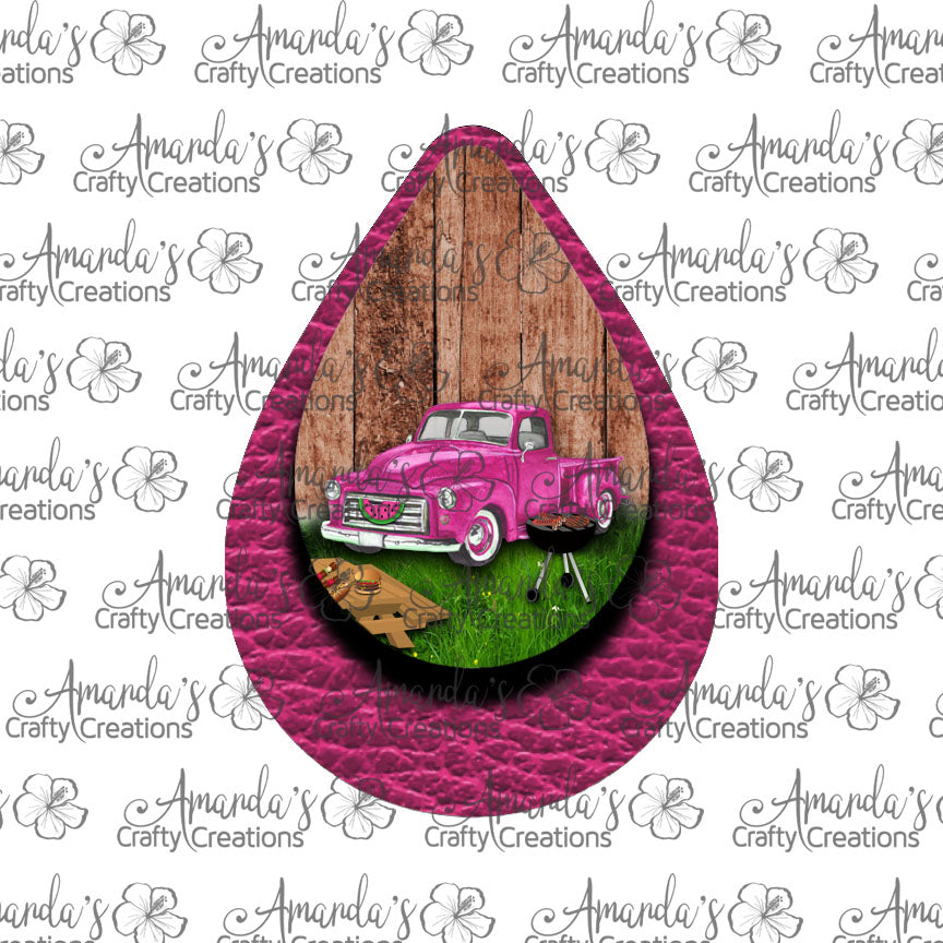 Vintage Pink Truck Summer Pink Teardrop Earring Sublimation Design, Hand drawn Teardrop Sublimation earring design, digital download, JPG, PNG