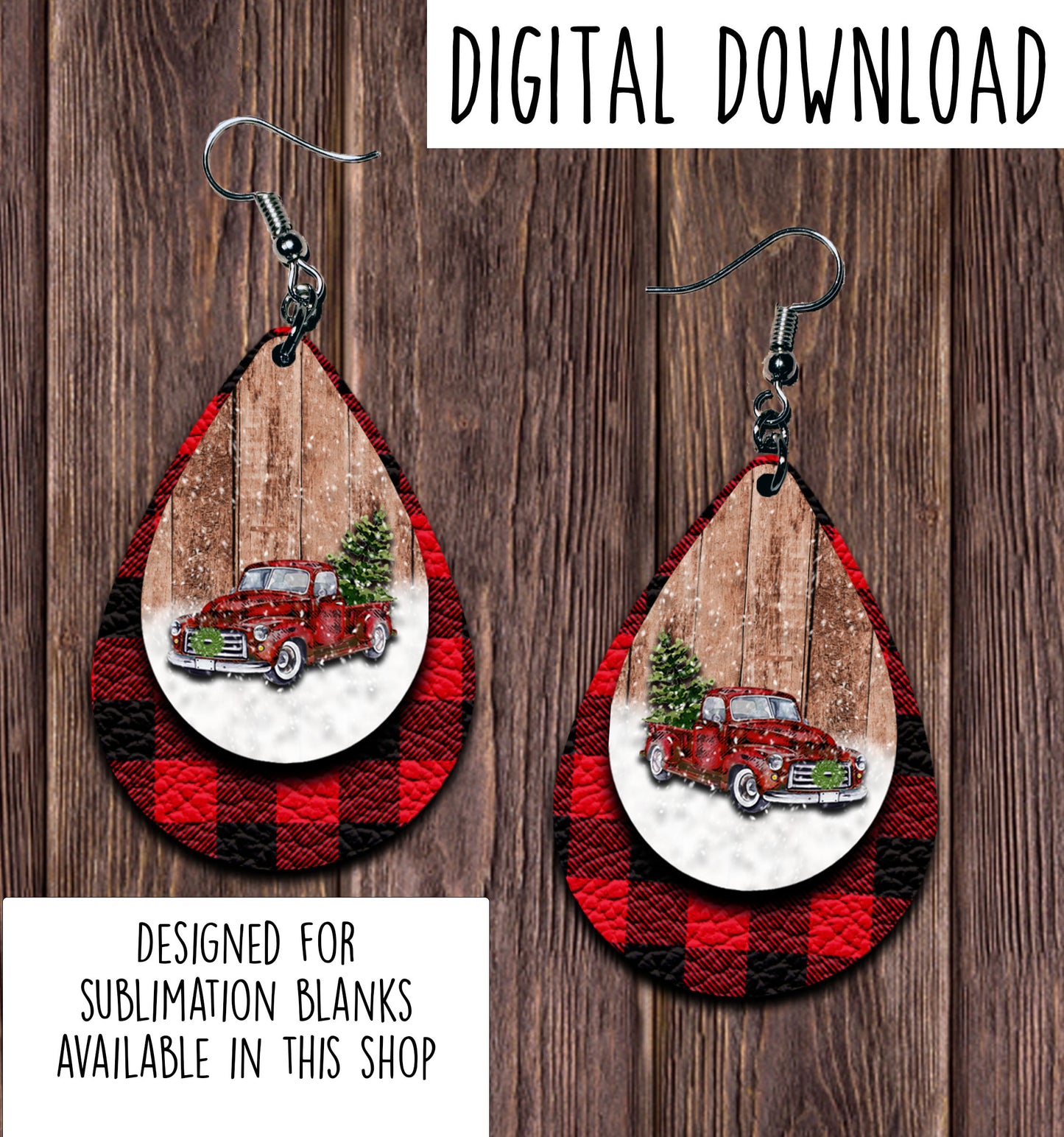 Vintage Red Truck Winter Teardrop Earring Sublimation Design, Hand drawn Teardrop Sublimation earring design, digital download, JPG, PNG