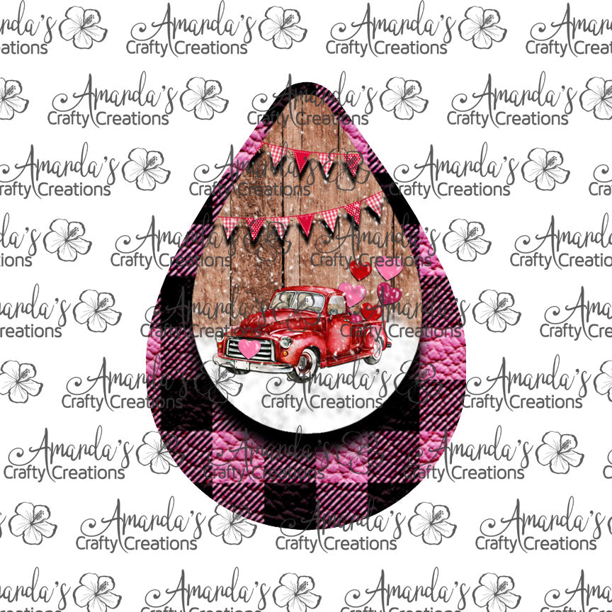 Vintage Red Truck Pink Plaid Valentine Teardrop Earring Sublimation Design, Hand drawn Teardrop Sublimation earring design, digital download, JPG, PNG