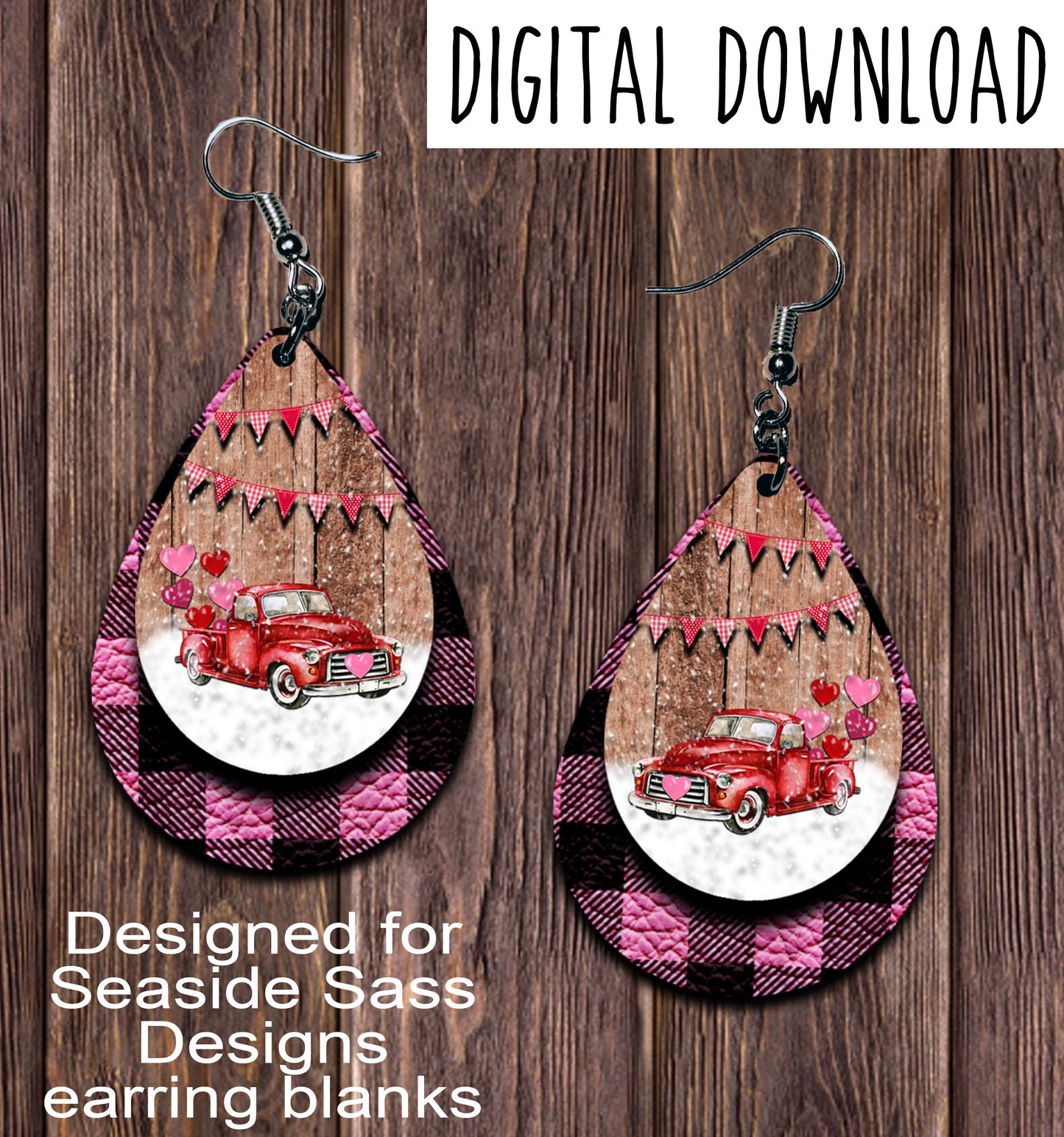 Vintage Red Truck Pink Plaid Valentine Teardrop Earring Sublimation Design, Hand drawn Teardrop Sublimation earring design, digital download, JPG, PNG