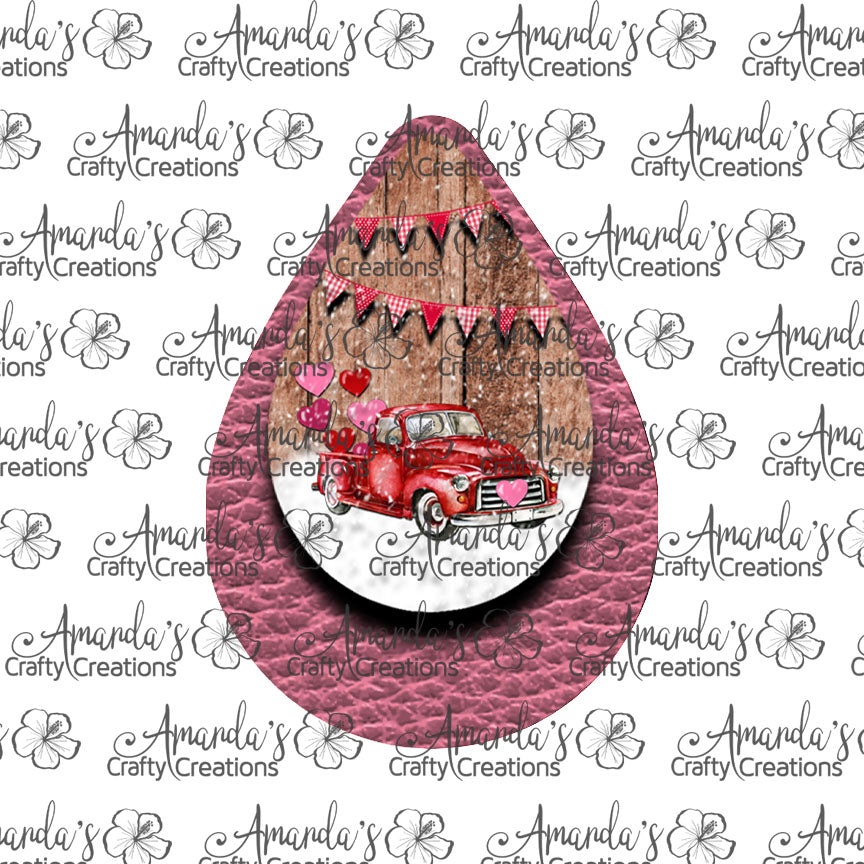 Vintage Red Truck Pink Valentine Teardrop Earring Sublimation Design, Hand drawn Teardrop Sublimation earring design, digital download, JPG, PNG