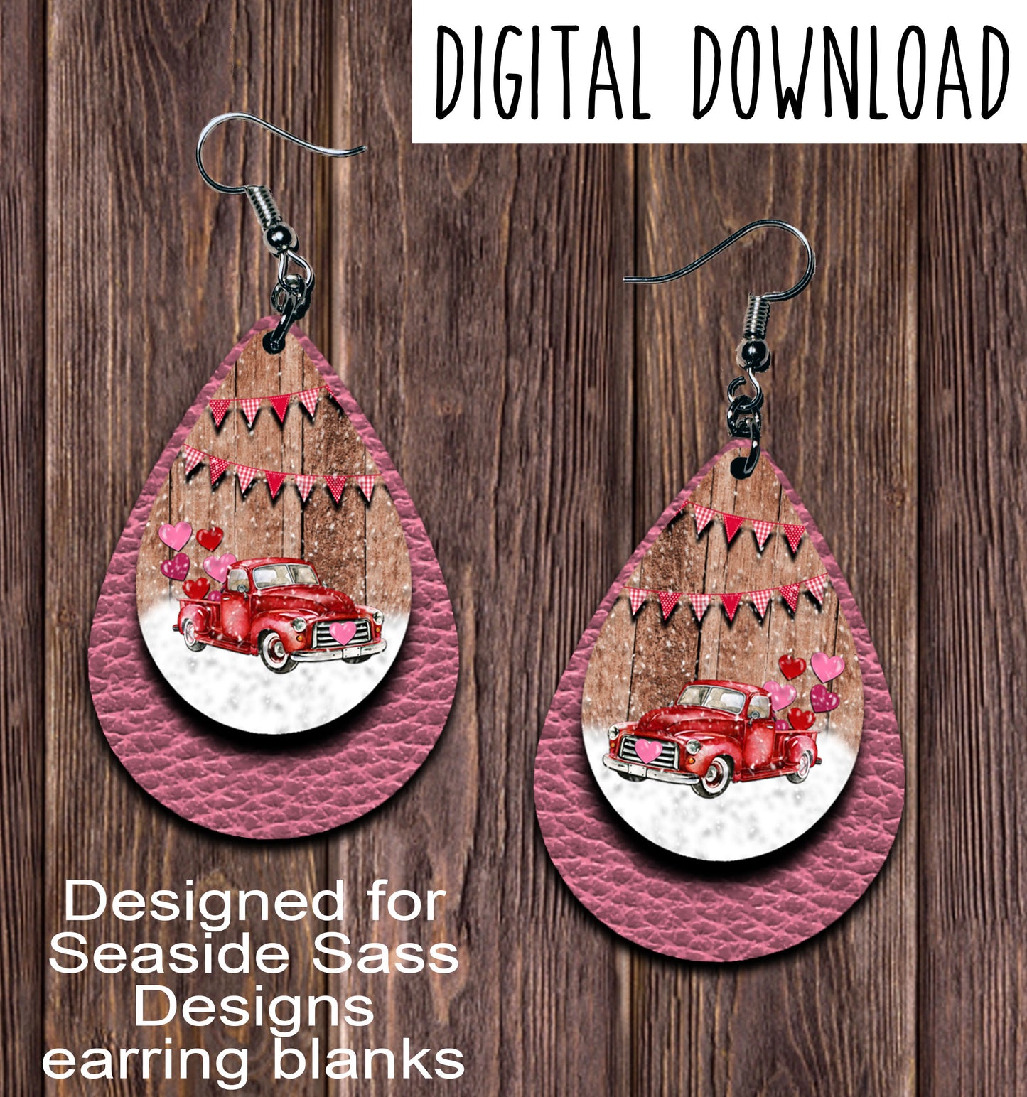 Vintage Red Truck Pink Valentine Teardrop Earring Sublimation Design, Hand drawn Teardrop Sublimation earring design, digital download, JPG, PNG