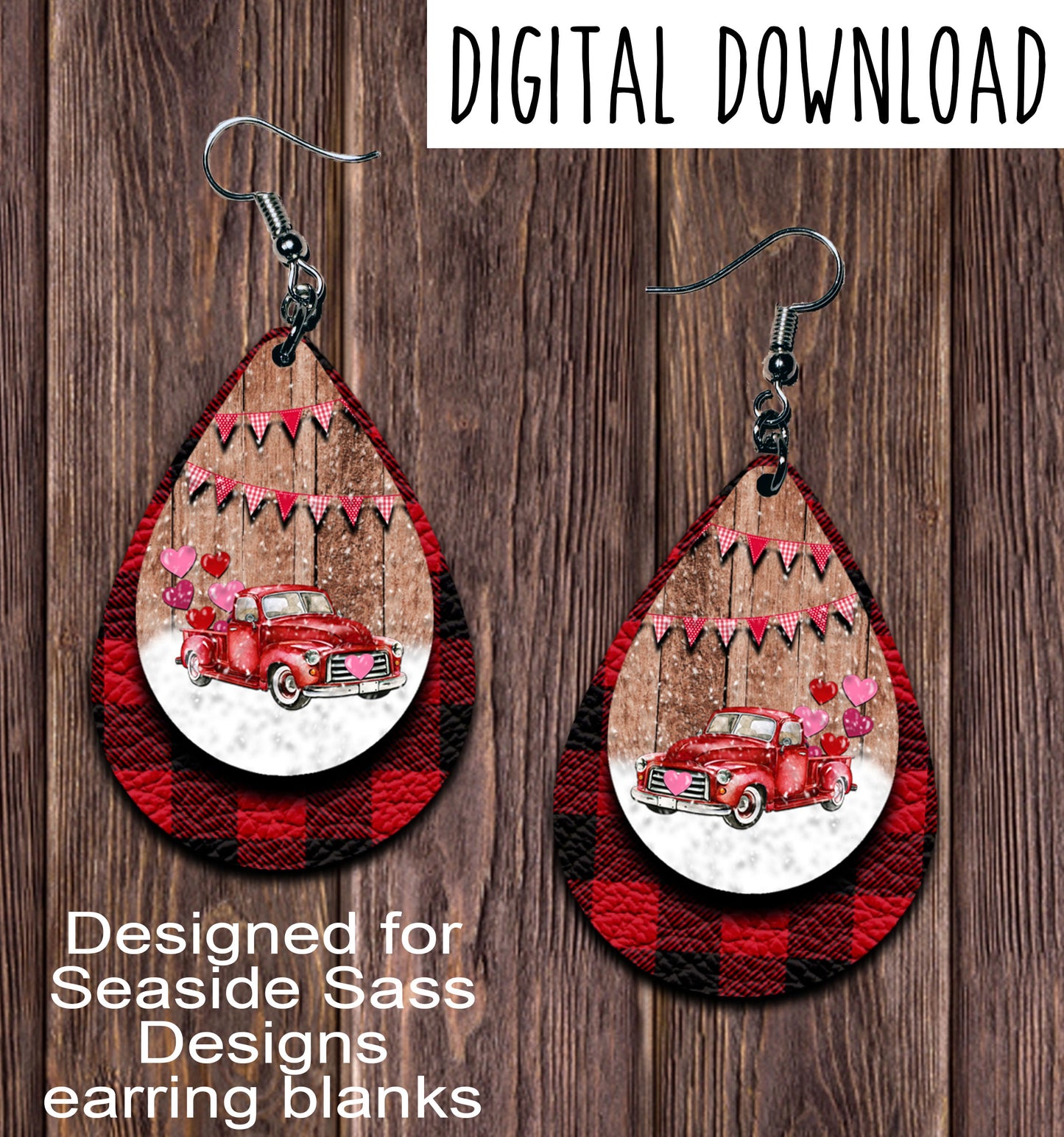 Vintage Red Truck Red Buffalo Plaid Valentine Teardrop Earring Sublimation Design, Hand drawn Teardrop Sublimation earring design, digital download, JPG, PNG