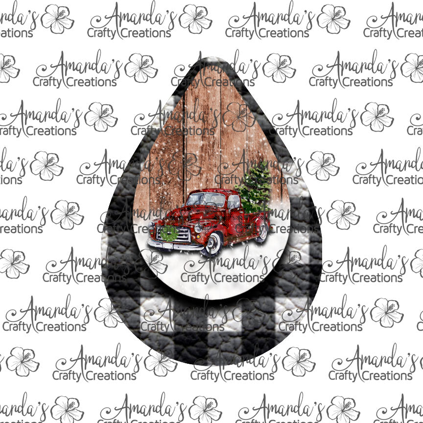 Vintage Red Truck White Buffalo Plaid Winter Teardrop Earring Sublimation Design, Hand drawn Teardrop Sublimation earring design, digital download, JPG, PNG