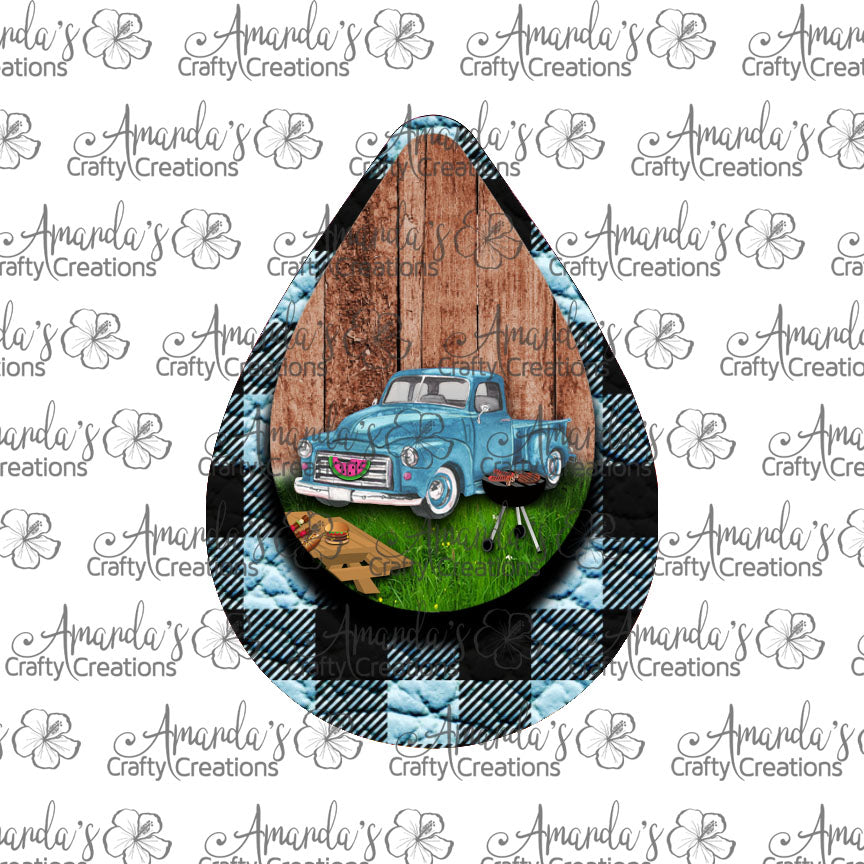 Vintage Blue Truck Summer Blue Plaid Teardrop Earring Sublimation Design, Hand drawn Teardrop Sublimation earring design, digital download, JPG, PNG