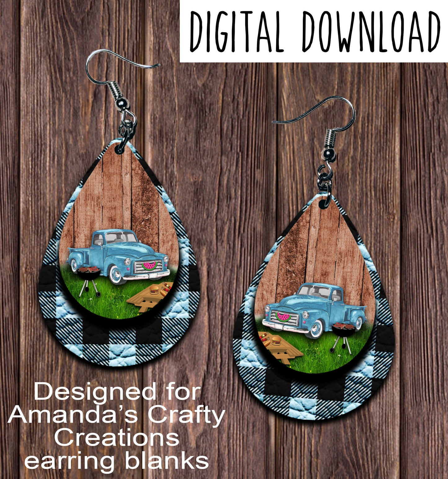 Vintage Blue Truck Summer Blue Plaid Teardrop Earring Sublimation Design, Hand drawn Teardrop Sublimation earring design, digital download, JPG, PNG