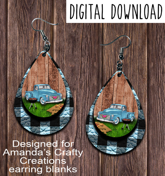Vintage Blue Truck Summer Blue Plaid Teardrop Earring Sublimation Design, Hand drawn Teardrop Sublimation earring design, digital download, JPG, PNG