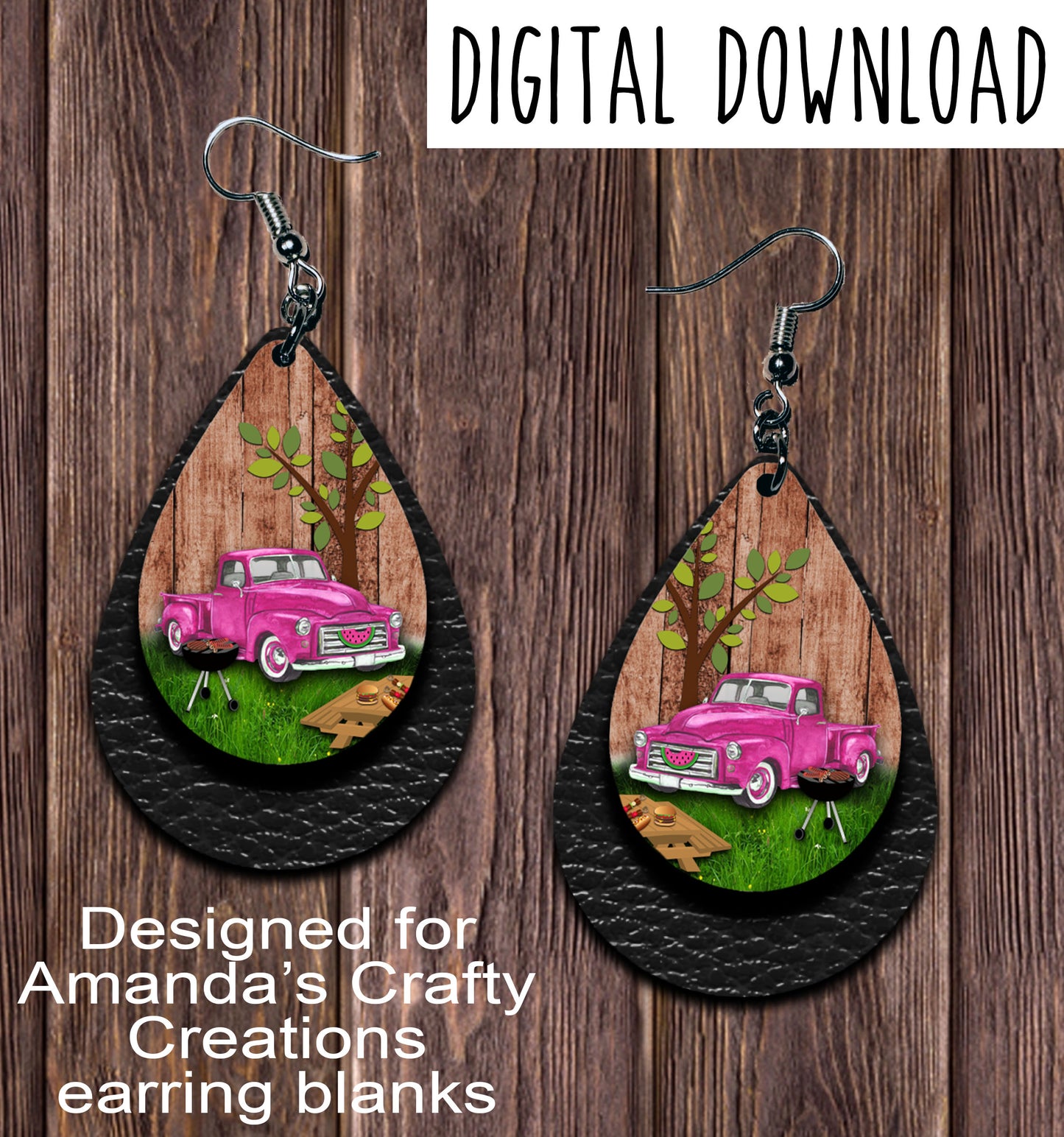 Vintage Pink Truck Summer Black Teardrop Earring Sublimation Design, Hand drawn Teardrop Sublimation earring design, digital download, JPG, PNG