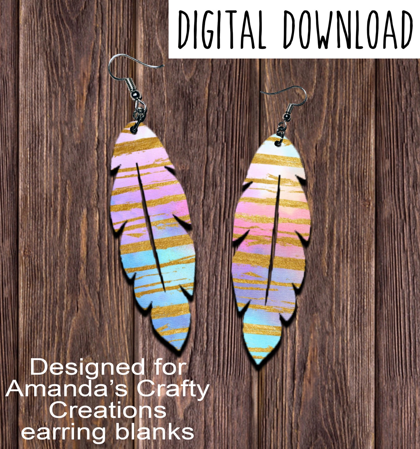 Watercolor Gold Stripe Feather Earring Sublimation Design, Hand drawn Feather Sublimation earring design, digital download, JPG, PNG