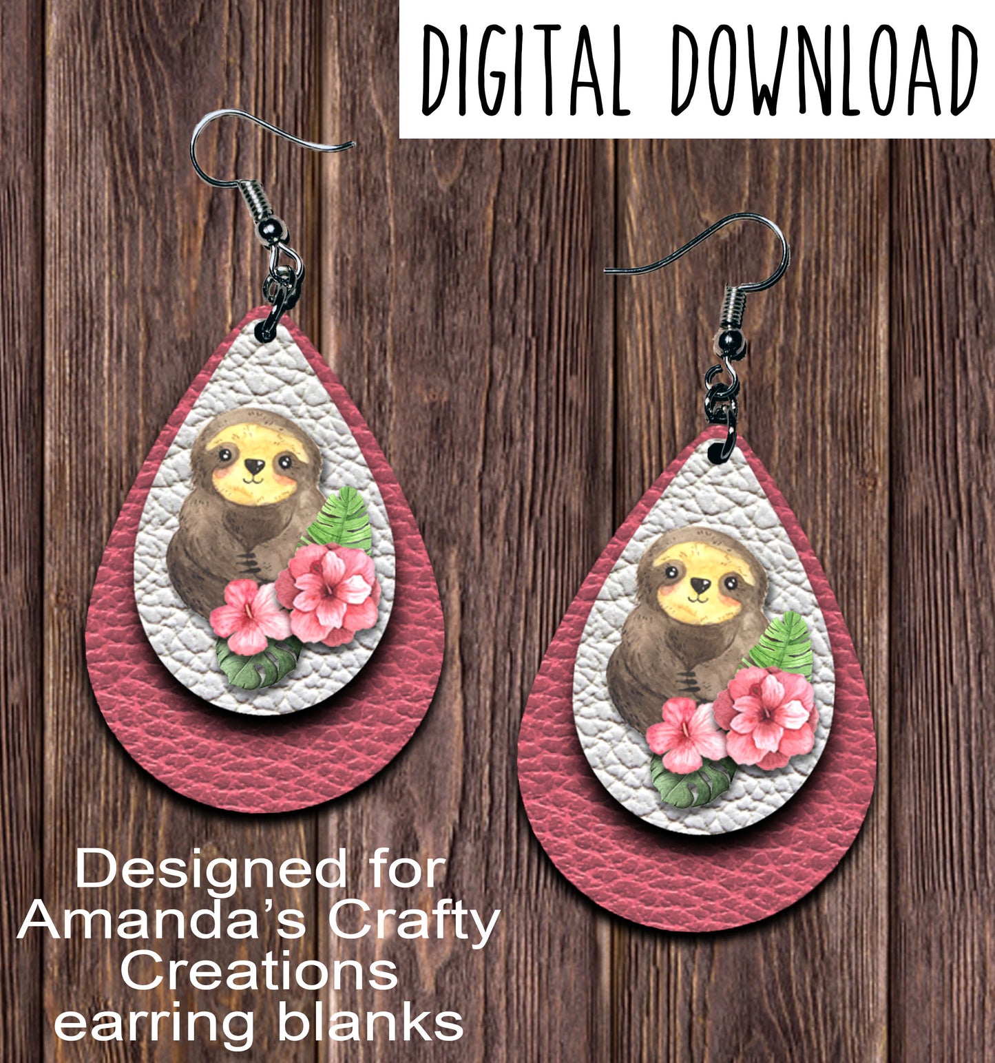 Watercolor Sloth 2 Teardrop Earring Sublimation Design, Hand drawn Teardrop Sublimation earring design, digital download, JPG, PNG