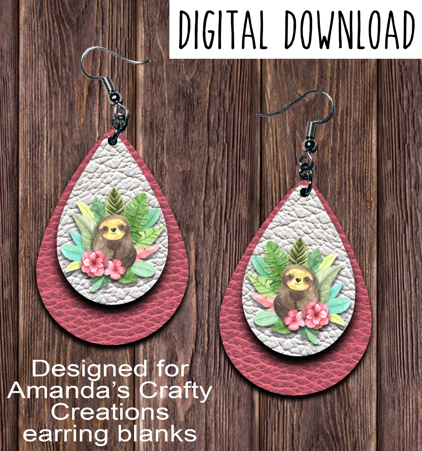 Watercolor Sloth Teardrop Earring Sublimation Design, Hand drawn Teardrop Sublimation earring design, digital download, JPG, PNG