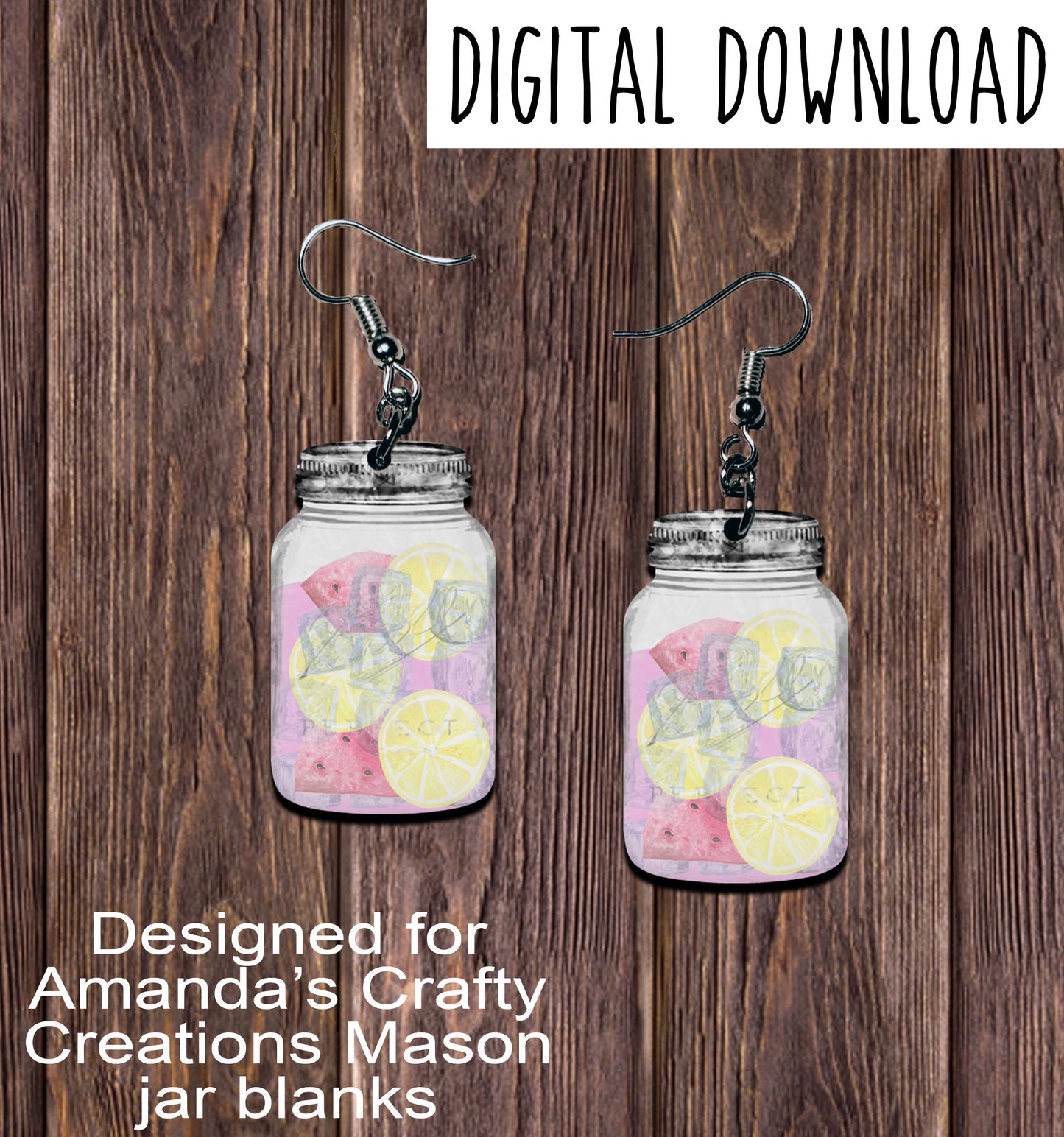 Watermelon Lemonade Mason Jar Earring Sublimation Design, Hand drawn Mason Jar Sublimation earring design, digital download, JPG, PNG