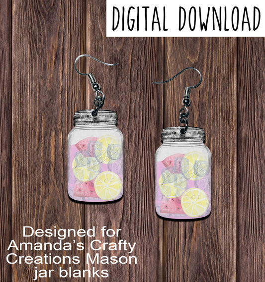 Watermelon Lemonade Mason Jar Earring Sublimation Design, Hand drawn Mason Jar Sublimation earring design, digital download, JPG, PNG