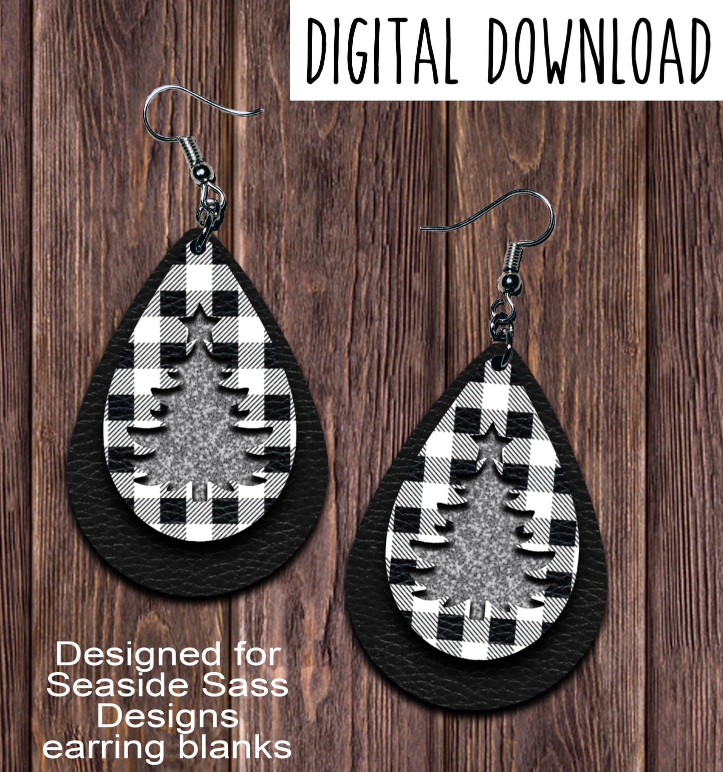 White Buffalo Plaid Silver Tree Teardrop Earring Sublimation Design, Hand drawn Teardrop Sublimation earring design, digital download, JPG, PNG