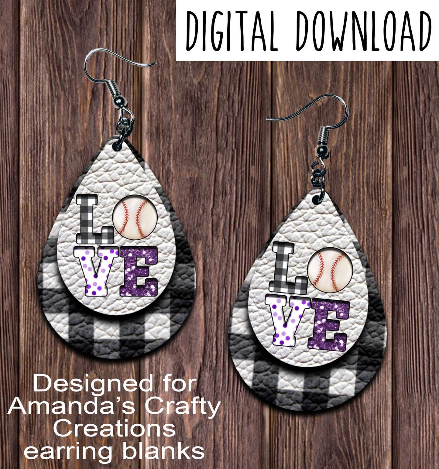 White Plaid LOVE Purple Baseball Cut Out Teardrop Earring Sublimation Design, Hand drawn Teardrop Sublimation earring design, digital download, JPG, PNG