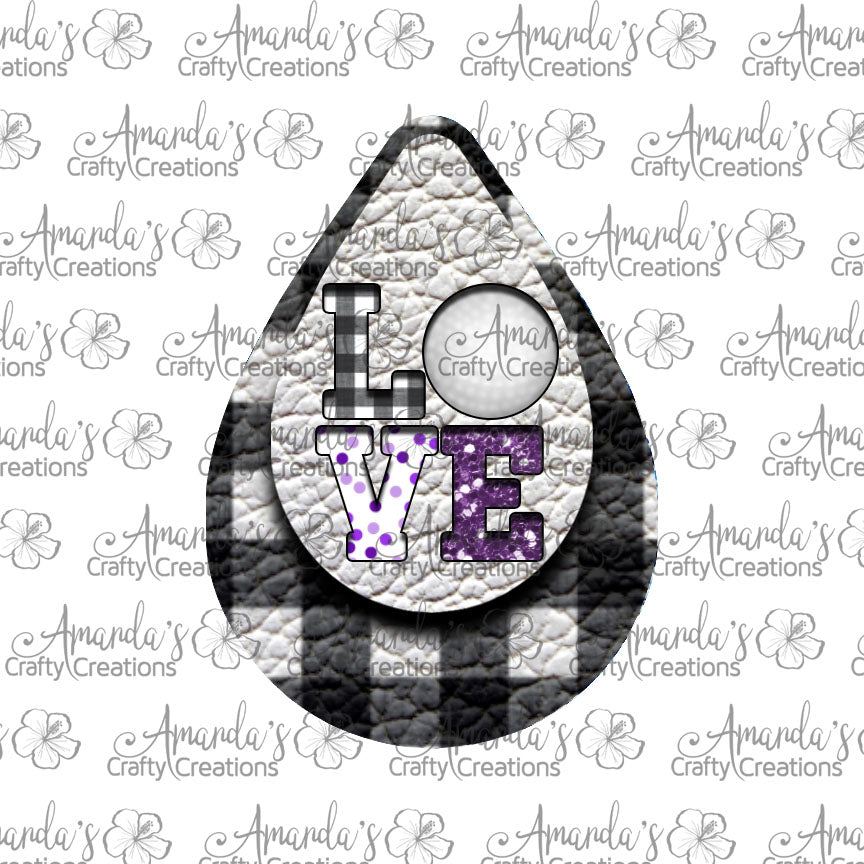 White Plaid LOVE Purple Golf Cut Out Teardrop Earring Sublimation Design, Hand drawn Teardrop Sublimation earring design, digital download, JPG, PNG