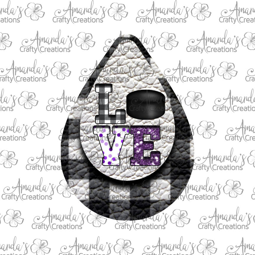 White Plaid LOVE Purple Hockey Cut Out Teardrop Earring Sublimation Design, Hand drawn Teardrop Sublimation earring design, digital download, JPG, PNG
