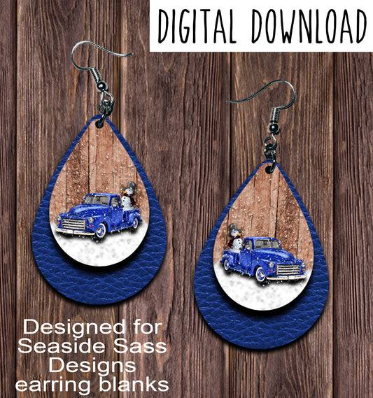 Winter Blue Vintage Truck Blue SnowmanTeardrop Earring Sublimation Design, Hand drawn Teardrop Sublimation earring design, digital download, JPG, PNG