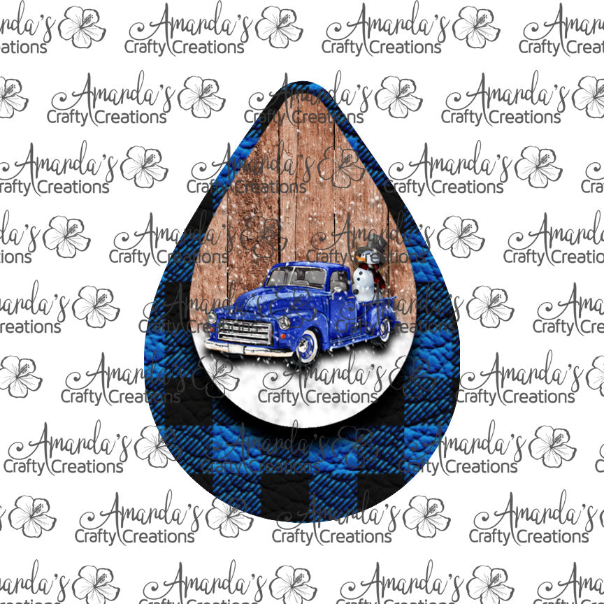 Winter Blue Vintage Truck Blue Plaid Snowman Teardrop Earring Sublimation Design, Hand drawn Teardrop Sublimation earring design, digital download, JPG, PNG