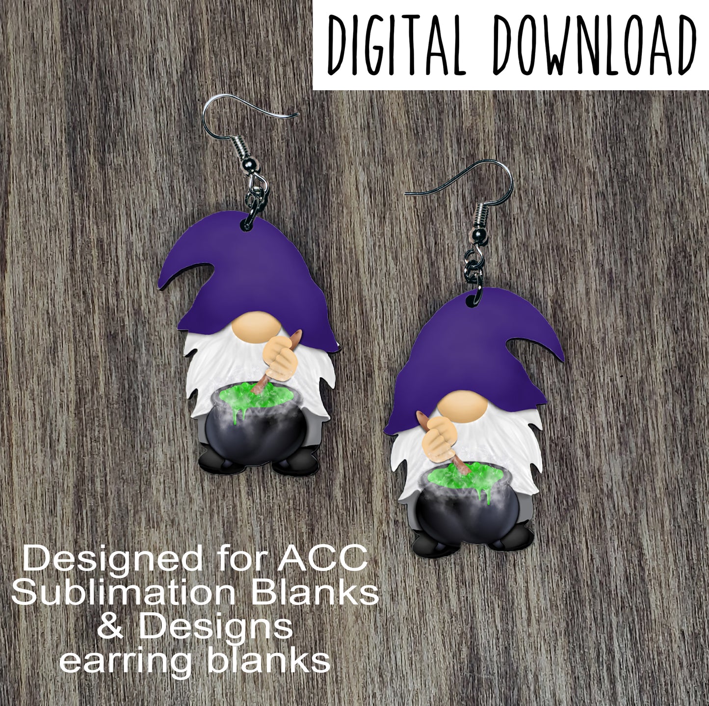 Witch Gnome Earring Sublimation Design, Hand drawn Gnome Sublimation earring design, digital download, JPG, PNG