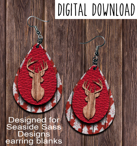Xmas Wood Deer Teardrop Earring Sublimation Design, Hand drawn Teardrop Sublimation earring design, digital download, JPG, PNG