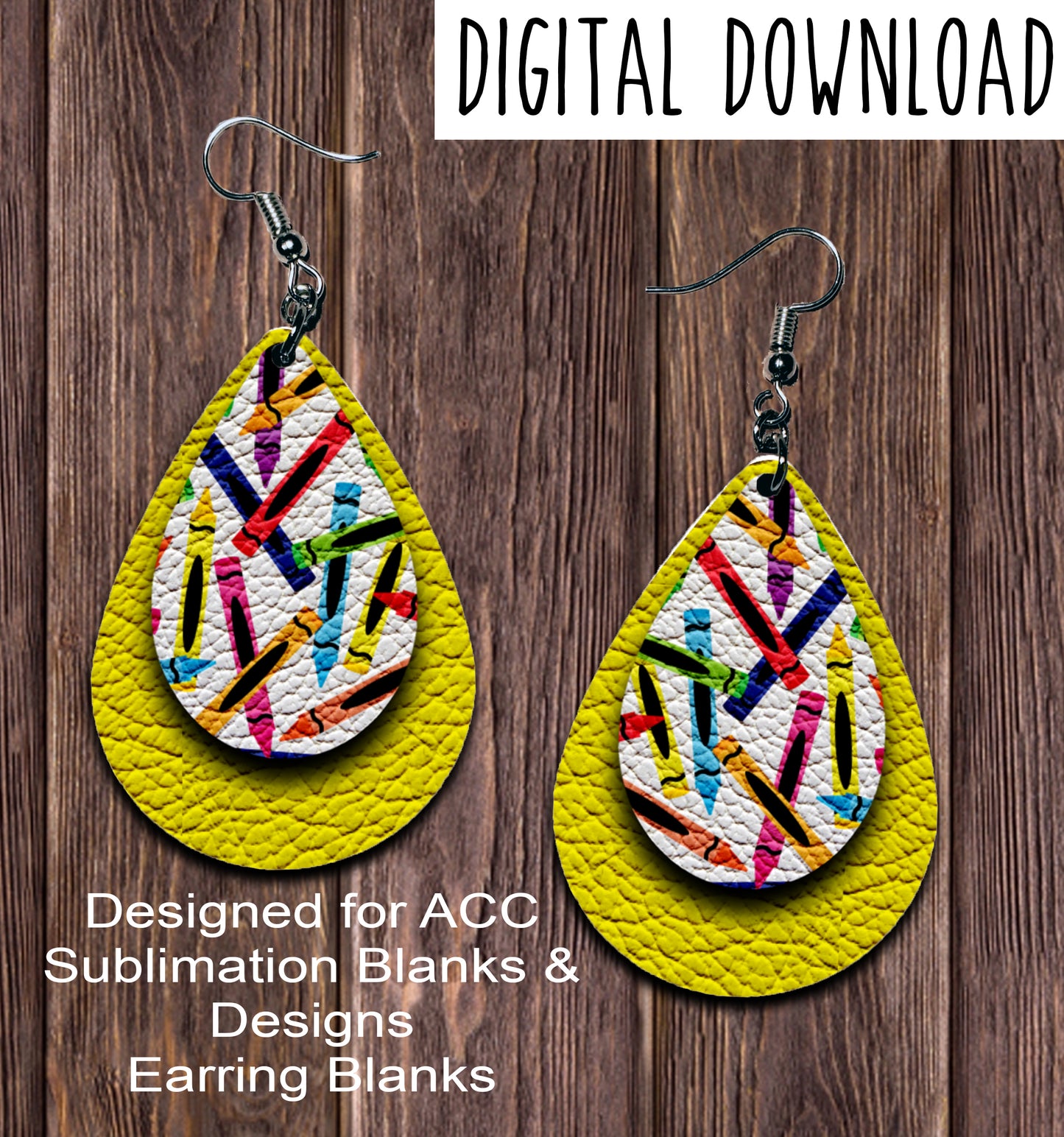 Yellow Crayon Teardrop Earring Sublimation Design, Hand drawn Teardrop Sublimation earring design, digital download, JPG, PNG