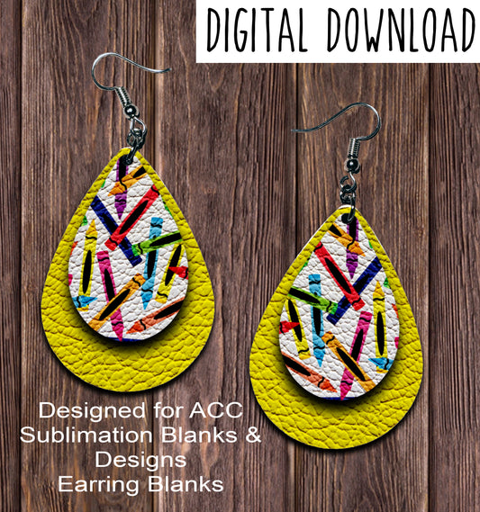 Yellow Crayon Teardrop Earring Sublimation Design, Hand drawn Teardrop Sublimation earring design, digital download, JPG, PNG