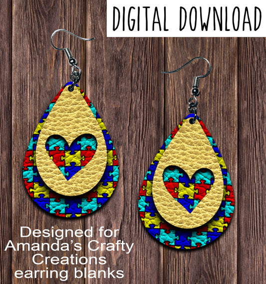 Yellow Autism Awareness Puzzle Cut Out Teardrop Earring Sublimation Design, Hand drawn Teardrop Sublimation earring design, digital download, JPG, PNG