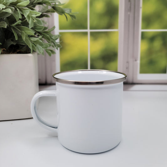 RTS Enamel Camp Mug with handle, Sublimation ready mug, camp cup for sublimation