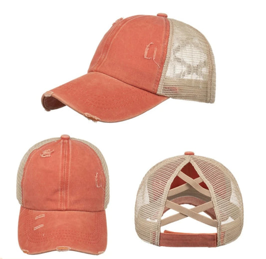 RTS Criss Cross Ponytail Vintage HATS, distressed vintage mesh trucker hats