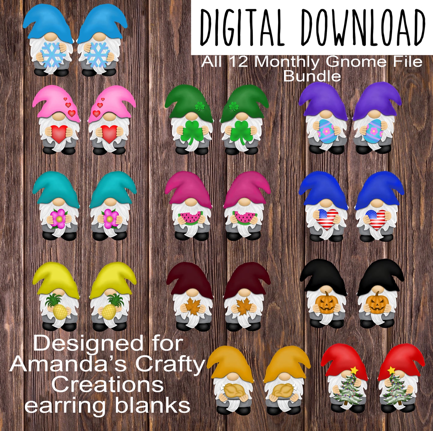 All 12 Months Gnome Earring Sublimation Design, Hand drawn Gnome Sublimation earring design, digital download, JPG, PNG
