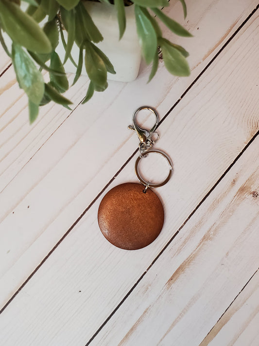 Wood disc keychain with silver ring and clasp, laser engraving wood disc keychain RTS