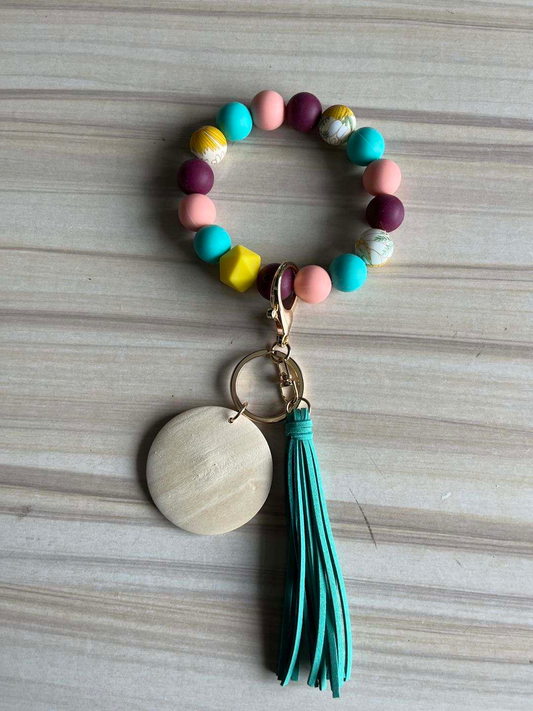 Boho Silicone bead keychain bracelet, wristlet, laser engraving blank, silicone bead wristlet, wood disc for engraving