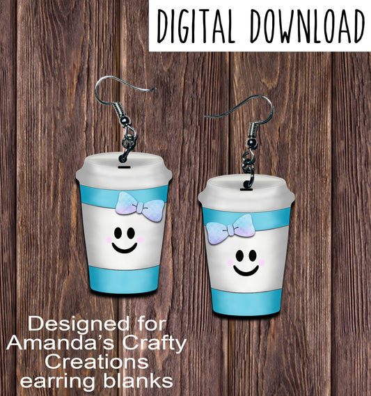 Cute Aqua Bow Coffee Cup Earring Sublimation Design, Hand drawn Coffee Cup Sublimation earring design, digital download, JPG, PNG