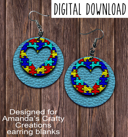 Aqua Heart Autism Awareness Puzzle Circle Earring Sublimation Design, Hand drawn Circle Sublimation earring design, digital download, JPG, PNG