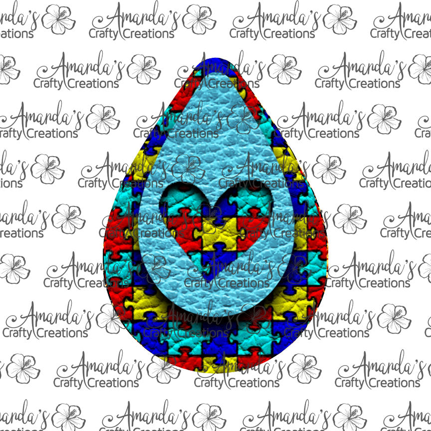 Aqua Autism Puzzle Heart Cutout Teardrop Earring Sublimation Design, Hand drawn Teardrop Sublimation earring design, digital download, JPG, PNG