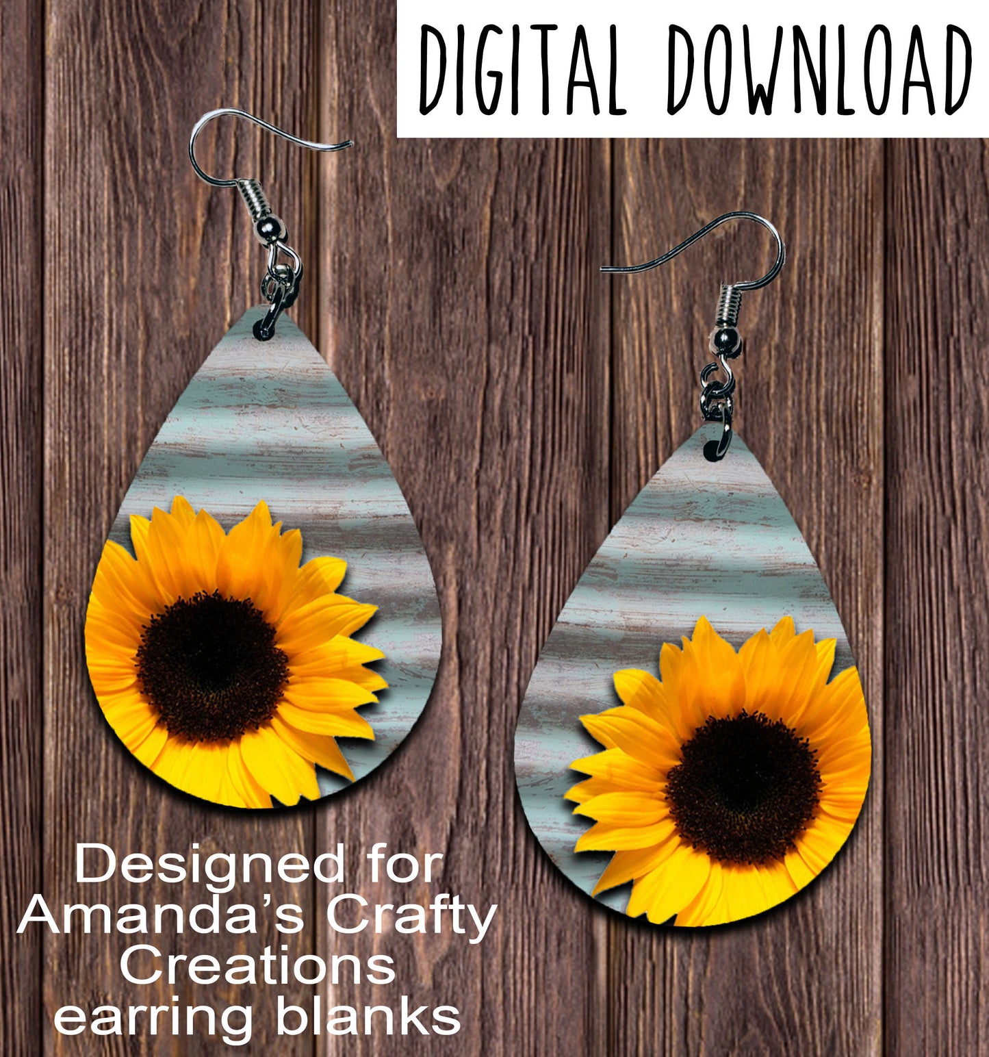 Aqua Tin Sunflower Teardrop Earring Sublimation Design, Hand drawn Teardrop Sublimation earring design, digital download, JPG, PNG
