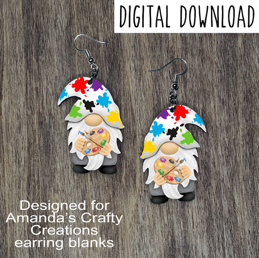 Artist Gnome with Rainbow Splatter Hat Earring Sublimation Design, Hand drawn Gnome Sublimation earring design, digital download, JPG, PNG