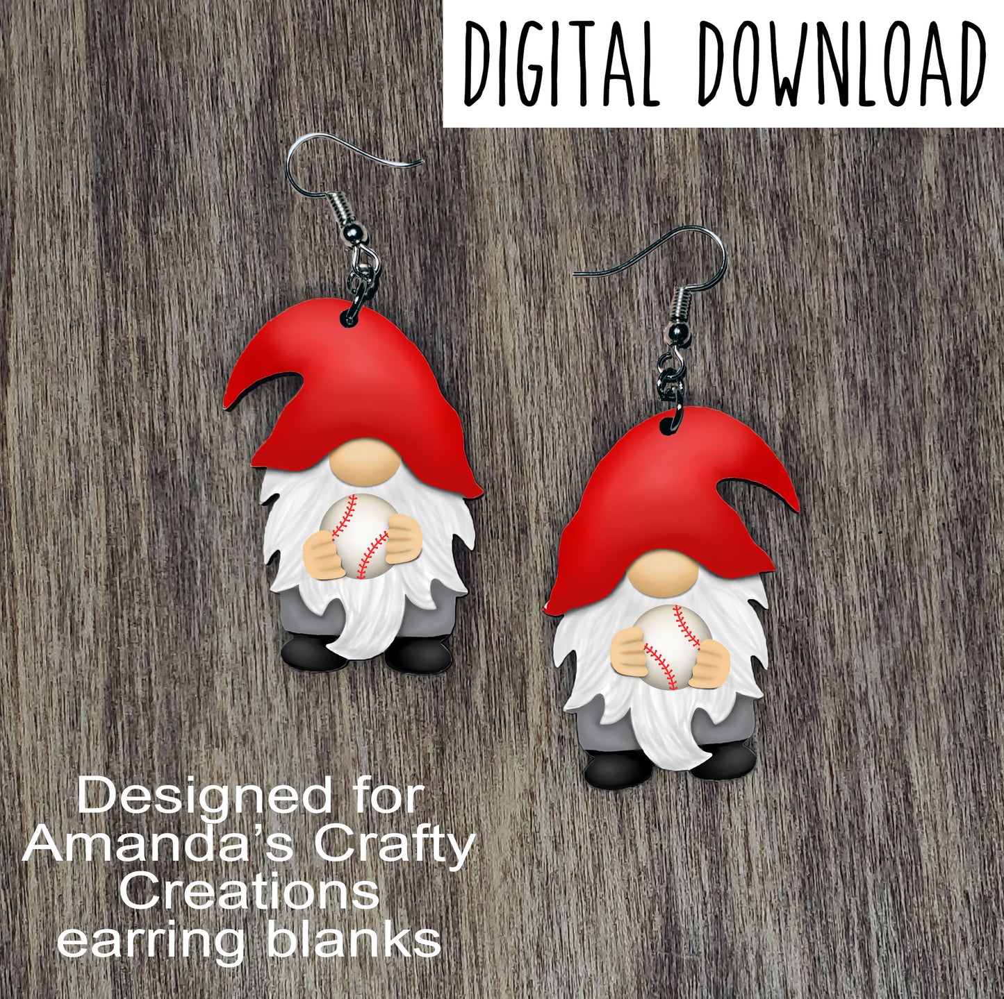 Baseball Gnome with Red Hat Earring Sublimation Design, Hand drawn Gnome Sublimation earring design, digital download, JPG, PNG