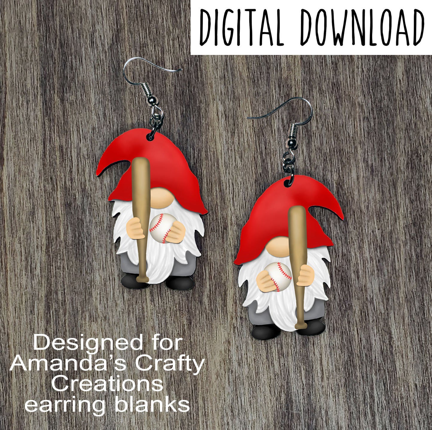 Baseball and Bat Gnome with Red Hat Earring Sublimation Design, Hand drawn Gnome Sublimation earring design, digital download, JPG, PNG