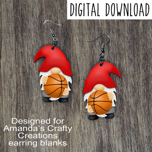 Basketball Gnome with Red Hat Earring Sublimation Design, Hand drawn Gnome Sublimation earring design, digital download, JPG, PNG