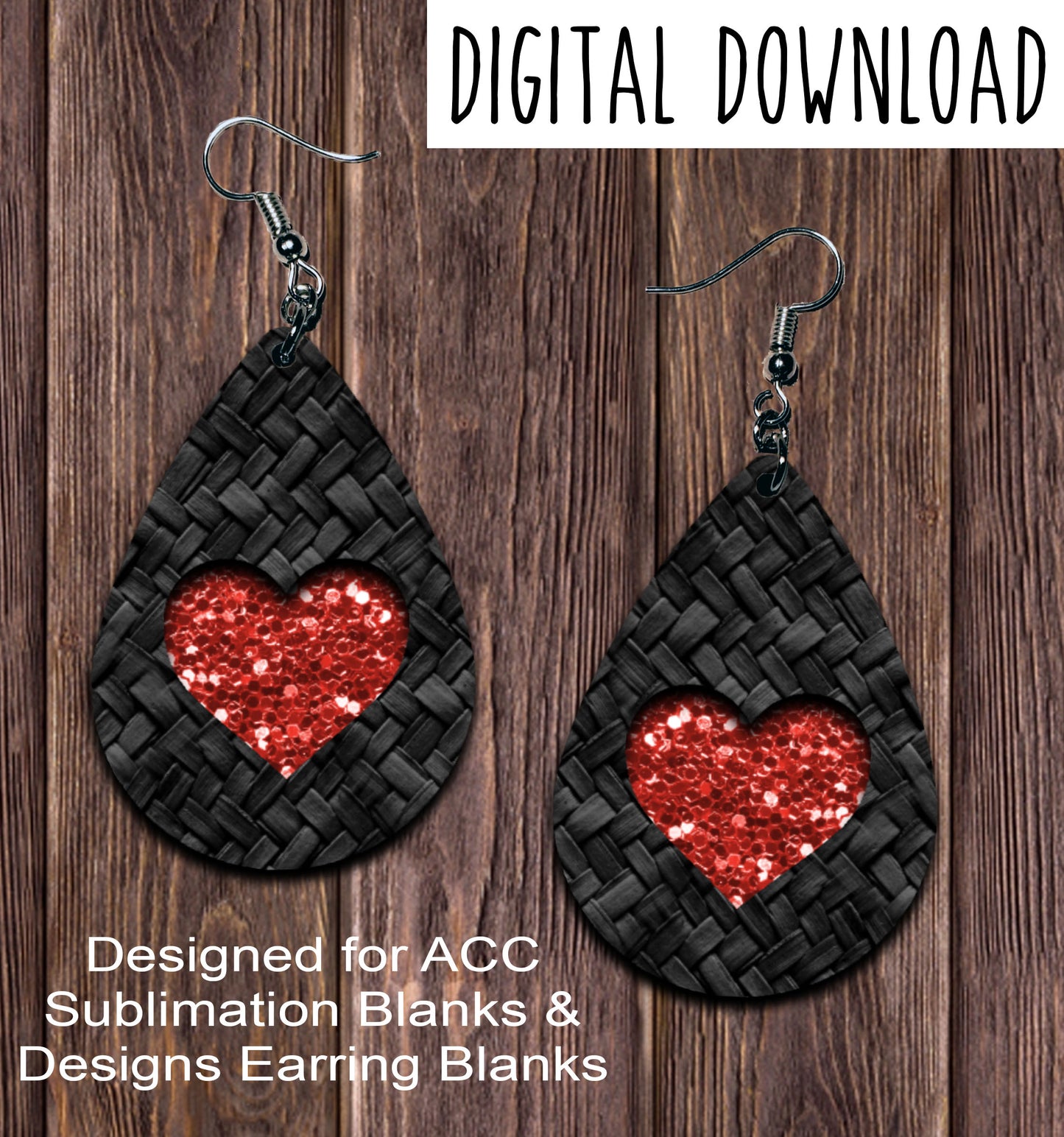 Black Basket Weave Red Glitter Heart Teardrop Earring Sublimation Design, Hand drawn Teardrop Sublimation earring design, digital download, JPG, PNG