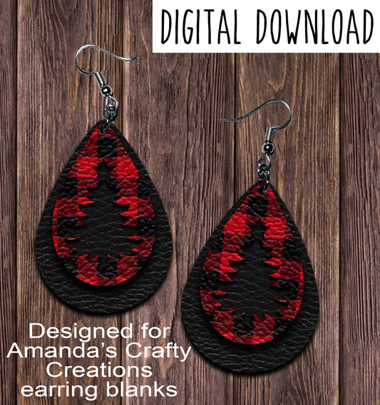 Black Buffalo Plaid Black Tree Cutout Teardrop Earring Sublimation Design, Hand drawn Teardrop Sublimation earring design, digital download, JPG, PNG