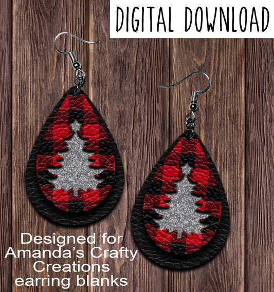 Black Buffalo Plaid Silver Tree Cutout Teardrop Earring Sublimation Design, Hand drawn Teardrop Sublimation earring design, digital download, JPG, PNG