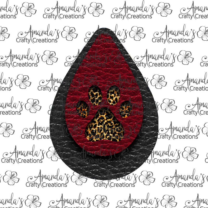 Black Dark Red Leopard Paw Print Teardrop Earring Sublimation Design, Hand drawn Teardrop Sublimation earring design, digital download, JPG, PNG