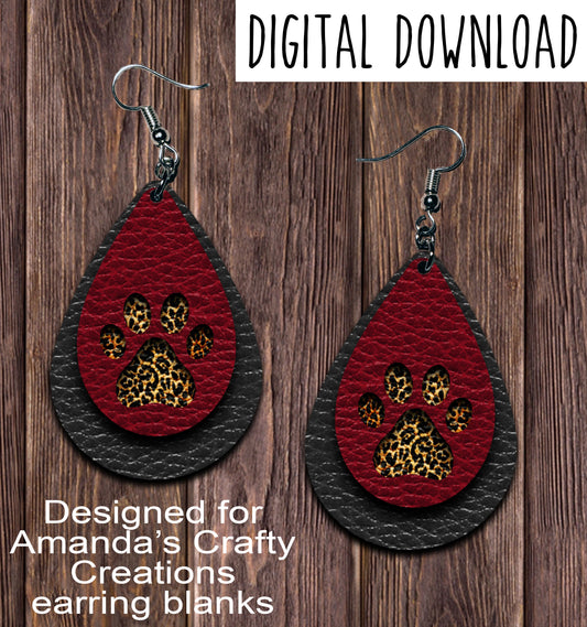 Black Dark Red Leopard Paw Print Teardrop Earring Sublimation Design, Hand drawn Teardrop Sublimation earring design, digital download, JPG, PNG