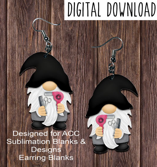 Black Hat Hair Stylist Gnome Earring Sublimation Design, Hand drawn Gnome Sublimation earring design, digital download, JPG, PNG