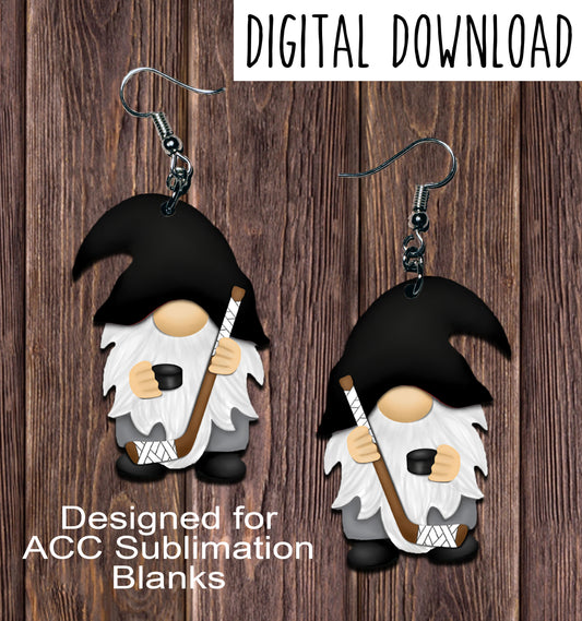 Hockey Gnome with Black Hat Sublimation Design, Hand drawn Gnome Sublimation earring design, digital download, JPG, PNG