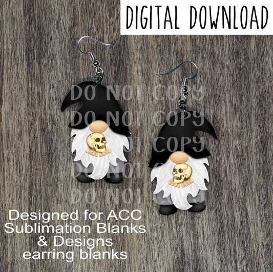 Skull Gnome with Black Hat Earring Sublimation Design, Hand drawn Gnome Sublimation earring design, digital download, JPG, PNG